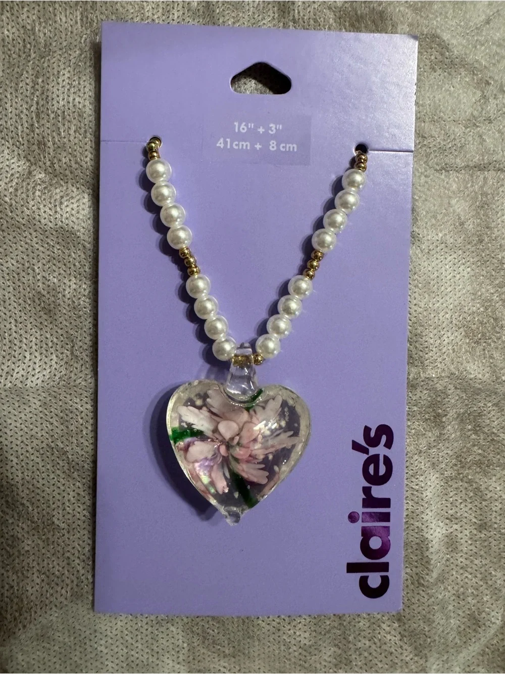 Claire's Pink Floral Heart Pendant Pearl & Gold Bead Necklace
